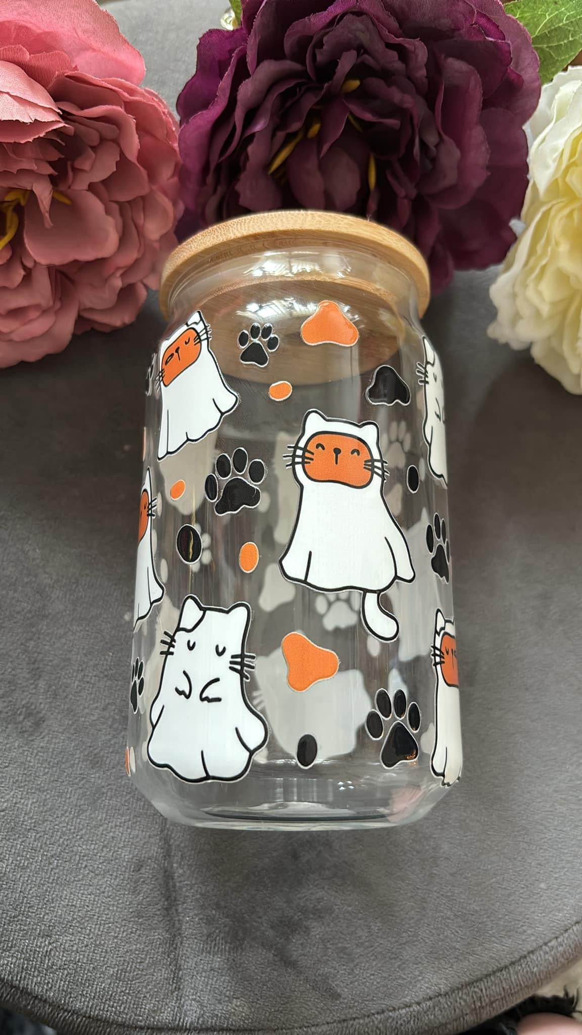 550ml Glass cup with straw - Halloween Ghost Cats